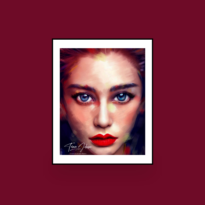 Image of a ladies face with blue eyes and red lips - strong focus on the center of the face.